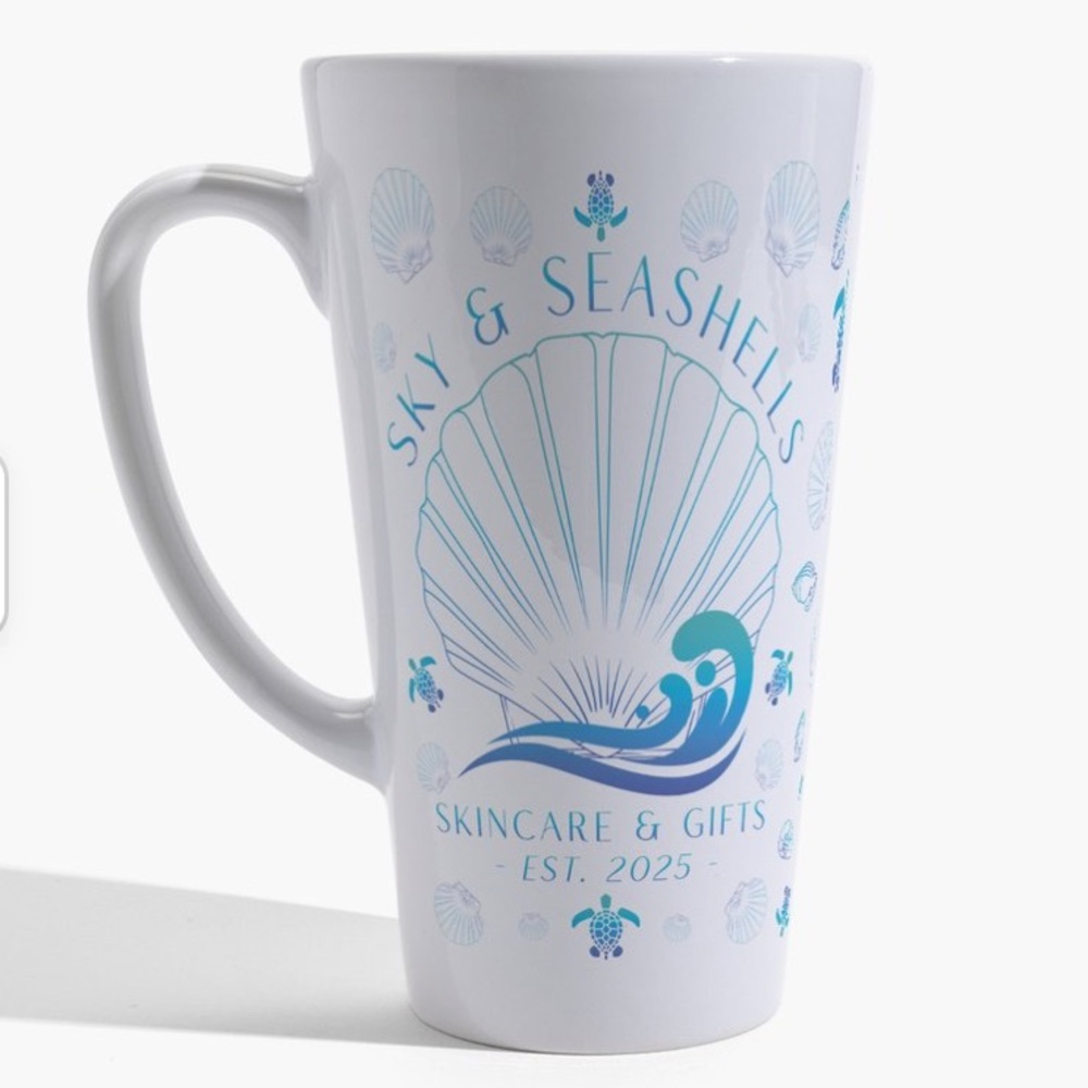 Hand Crafted Sky & Seashells Branded Tall Latte Mug Dishwasher & Microwave Safe